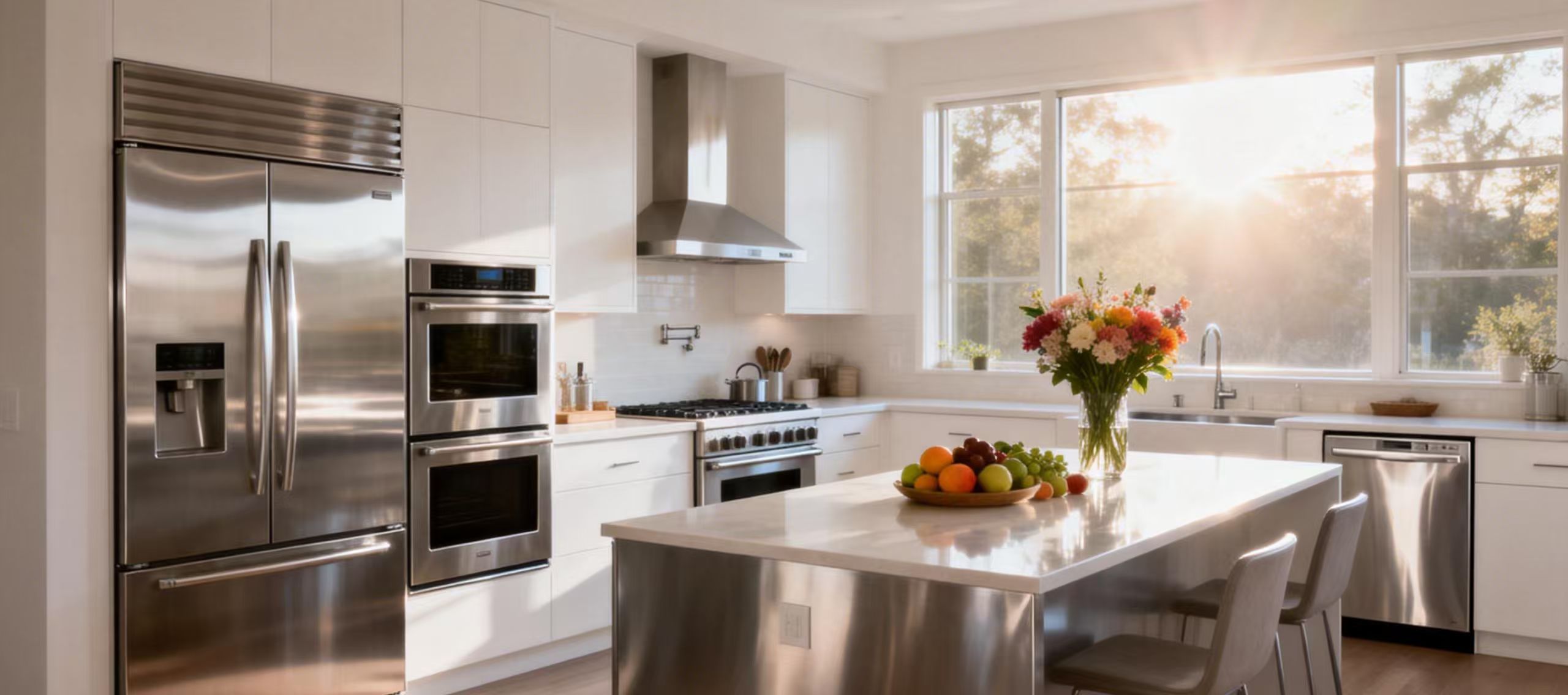 Residential kitchen with stainless steel household appliances