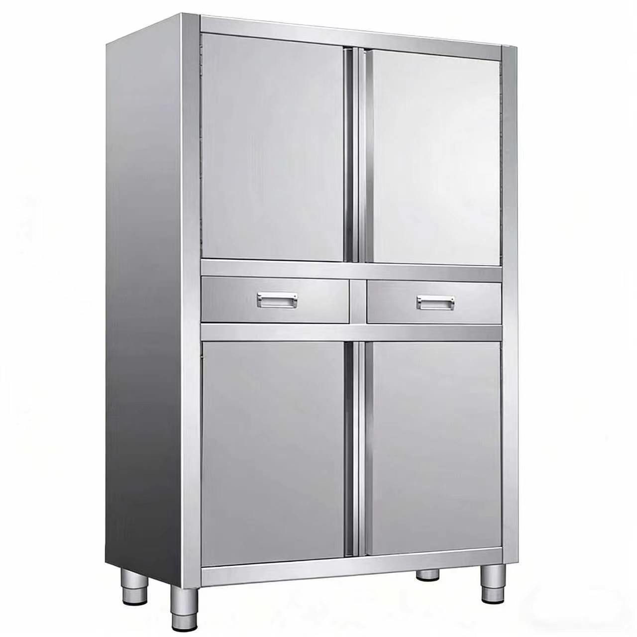 Stainless steel storage cabinet with four doors and two central drawers