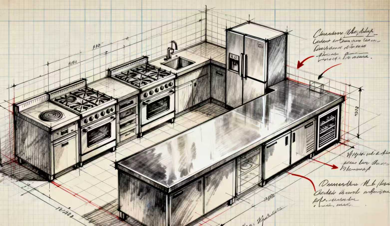 Kitchen equipment layout drawing with dimensions and planning annotations